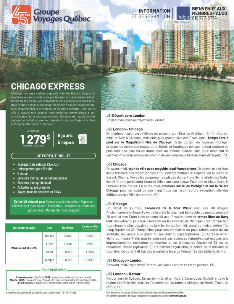 Chicago Express du 25 au 30 août 2025 Loisirs et événements FADOQ